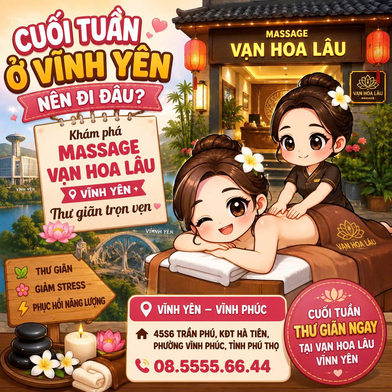 Cuối tuần ở Vĩnh Yên nên đi đâu? Khám phá Massage Vạn Hoa Lâu Vĩnh Yên thư giãn trọn vẹn