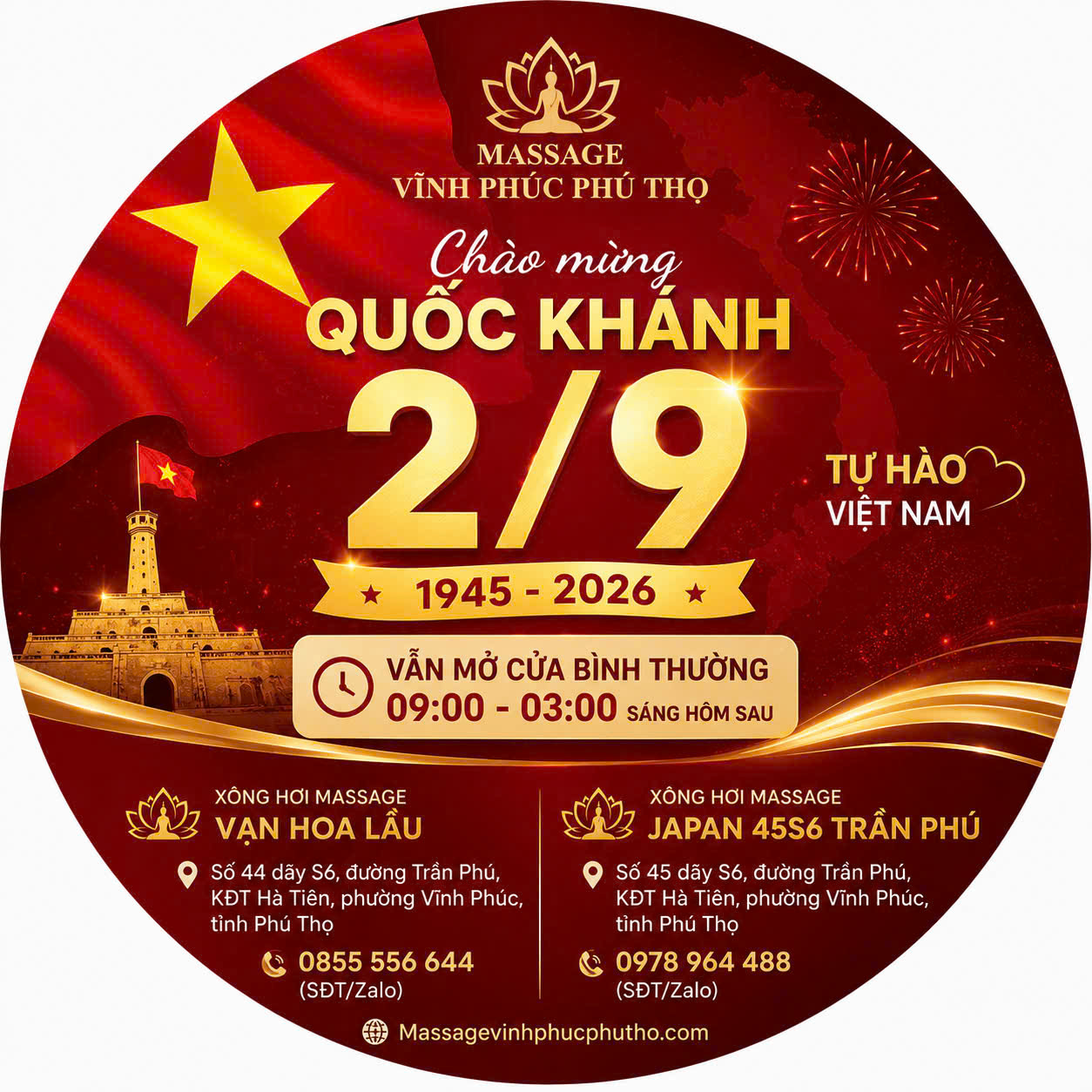 MASSAGE VĨNH PHÚC PHÚ THỌ CHÀO MỪNG QUỐC KHÁNH 2/9/2026