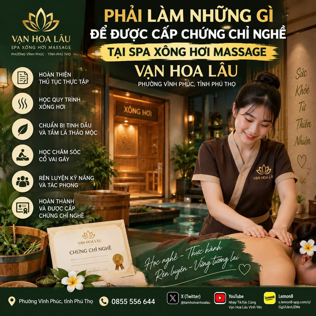 PHẢI LÀM NHỮNG GÌ ĐỂ ĐƯỢC CẤP CHỨNG CHỈ NGHỀ TẠI SPA XÔNG HƠI MASSAGE VẠN HOA LÂU PHƯỜNG VĨNH PHÚC TỈNH PHÚ THỌ